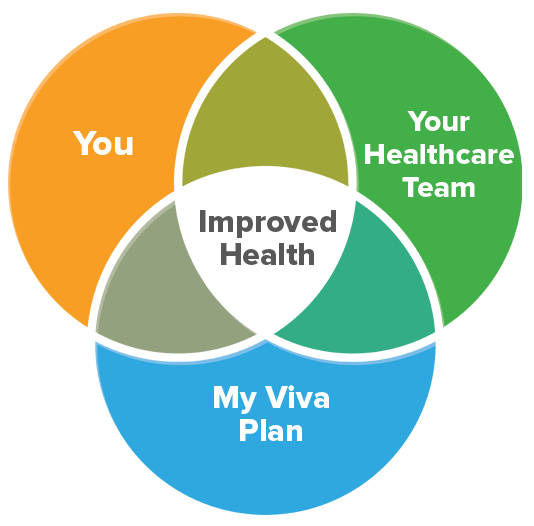 Venn diagram explaining 3 components needed to work towards improving your health: You, Your Health Care Team, and My Viva Plan.